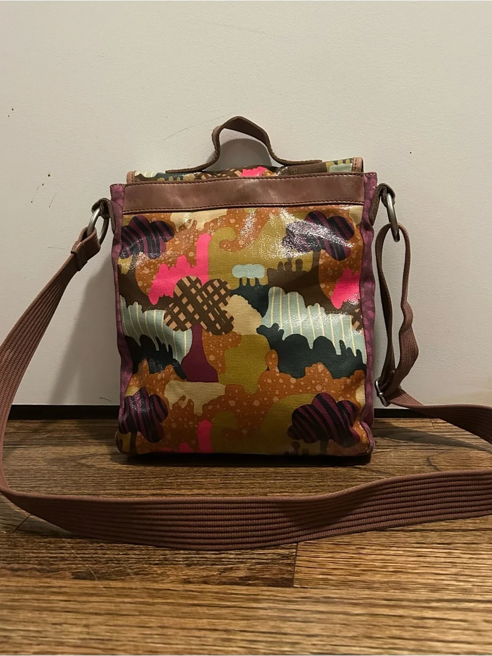 Fossil Multicolor Canvas and Brown Leather Trim Crossbody Messenger Bag